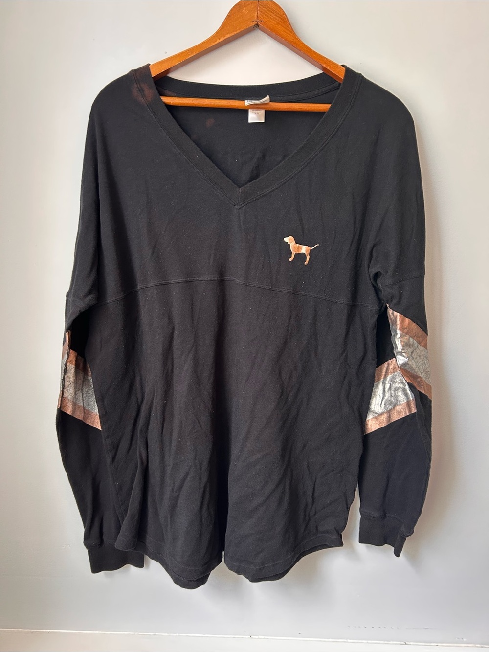 Victoria’s Secret Pink Women’s Medium T Shirt Black Long Sleeve Gold Sequin